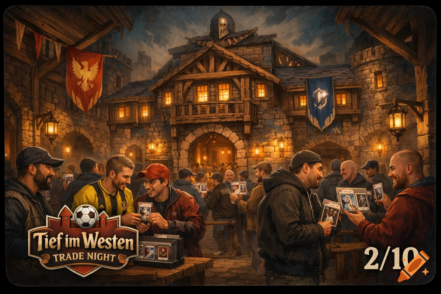 Men gather in a bustling medieval tavern for a 'Tief im Westen - Trade Night' to trade soccer cards. The scene is warmly lit by lanterns.