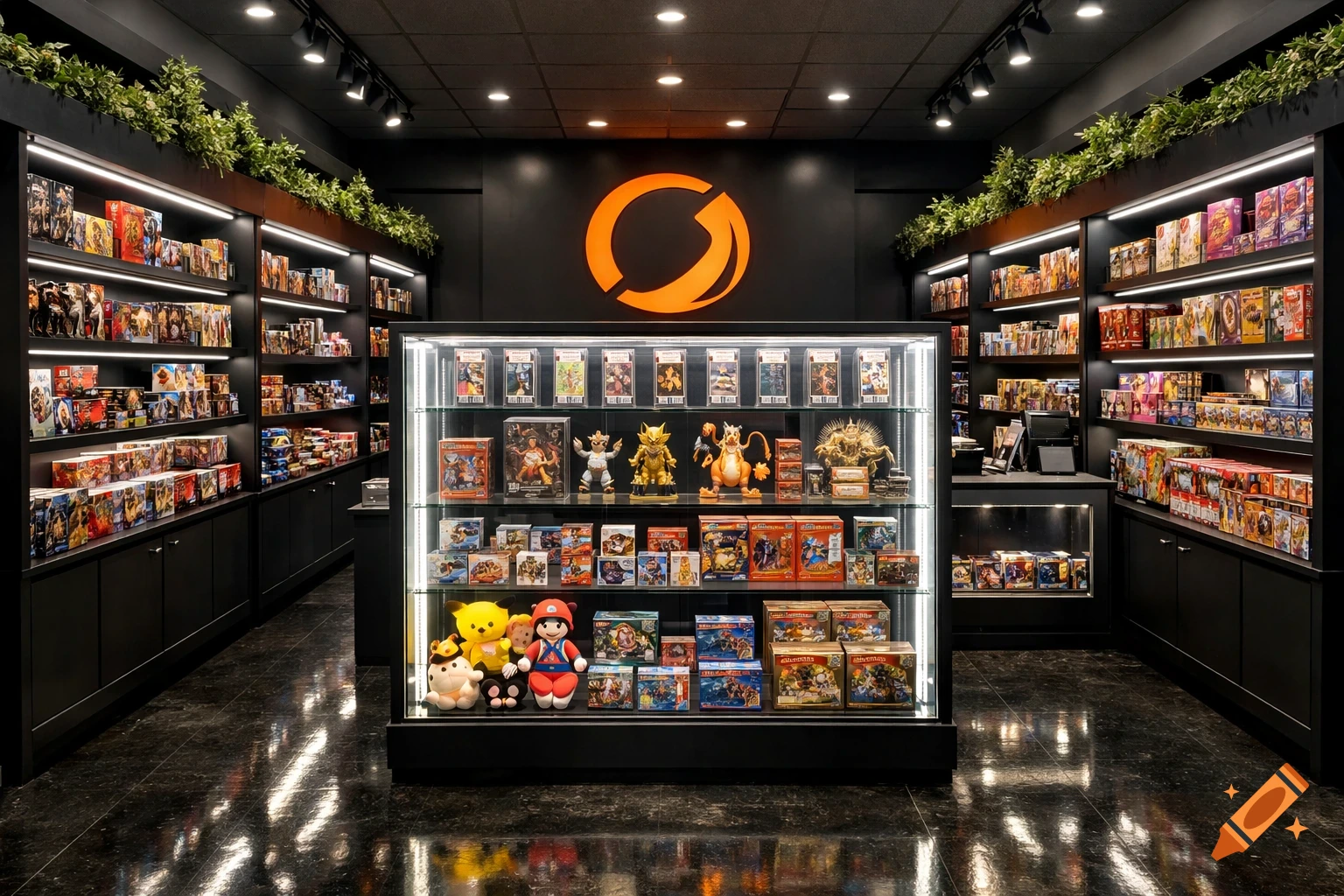 A photorealistic, sleek, modern retail store with black matte shelves and a shiny black floor. A large central glass display case features rare collectibles, plush toys, and sealed boxes. Orange backlit logo on the back wall. Green plants adorn the top of the side shelves filled with colorful products.