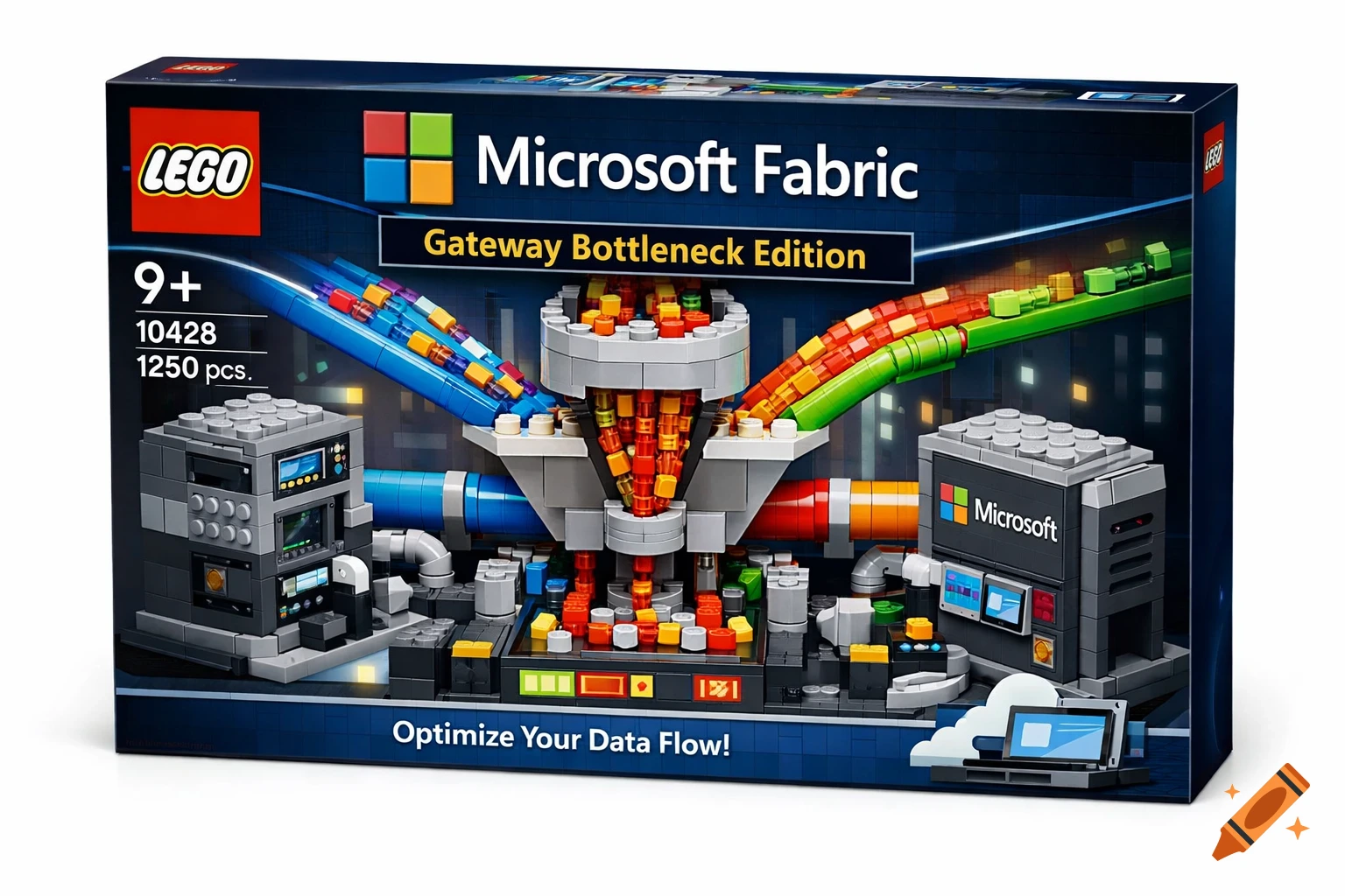 A LEGO set box for 'Microsoft Fabric: Gateway Bottleneck Edition' depicting a colorful data processing system.