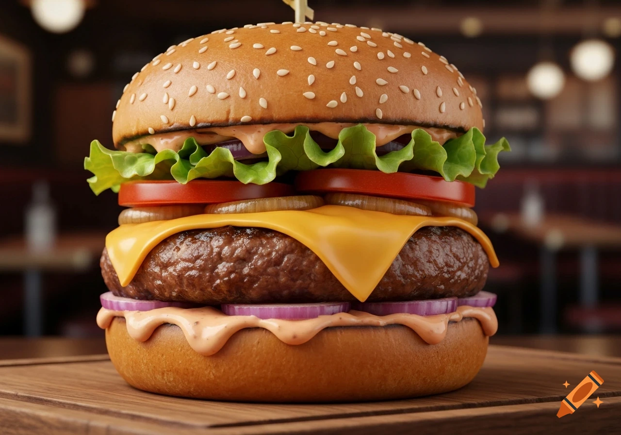 A close-up, photorealistic image of a juicy hamburger with cheese, lettuce, tomato, onion, and sauce on a wooden board in a restaurant setting.