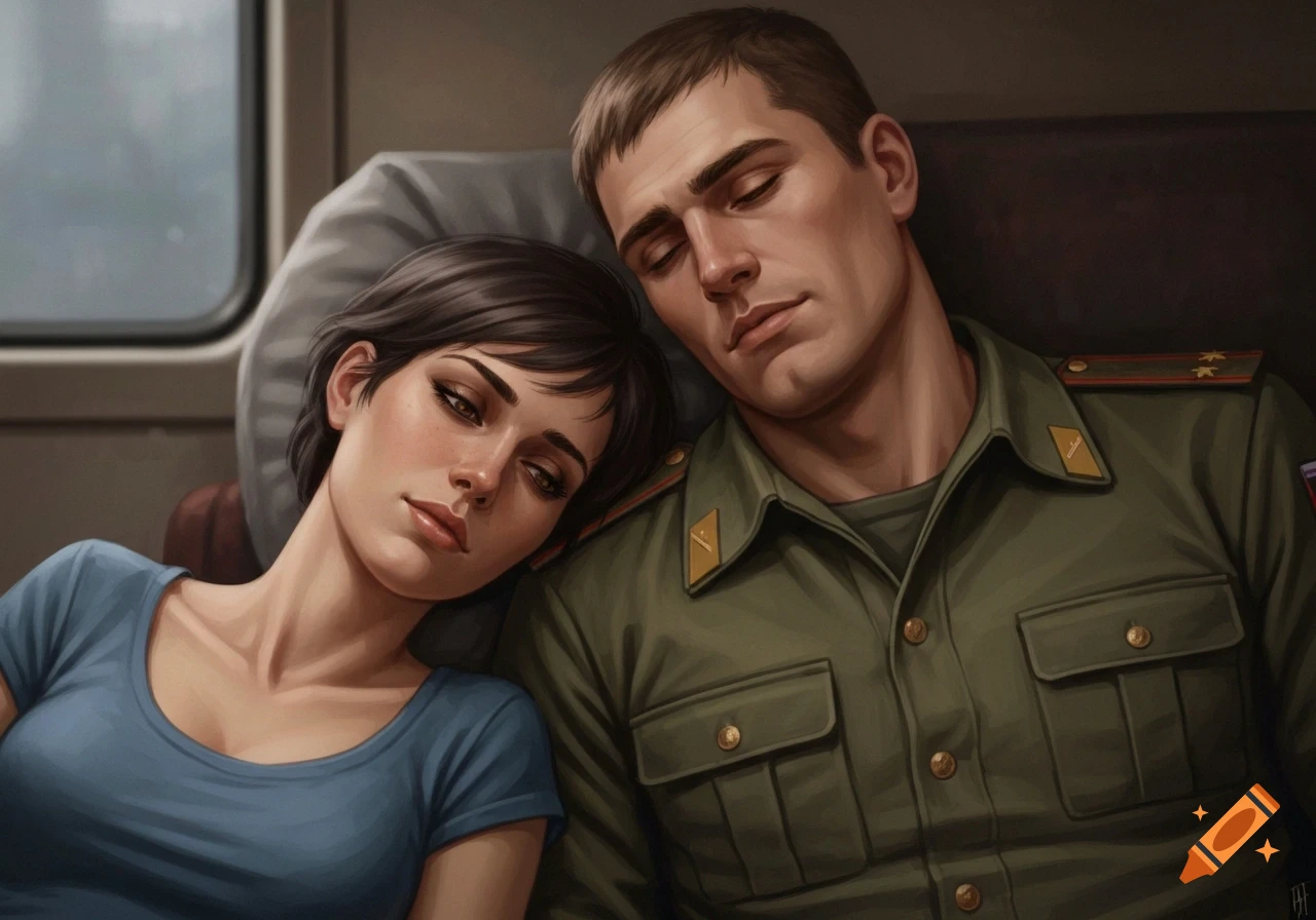 A short-haired woman in a blue shirt rests her head on a sleeping man in a green military uniform, in a digital painting.