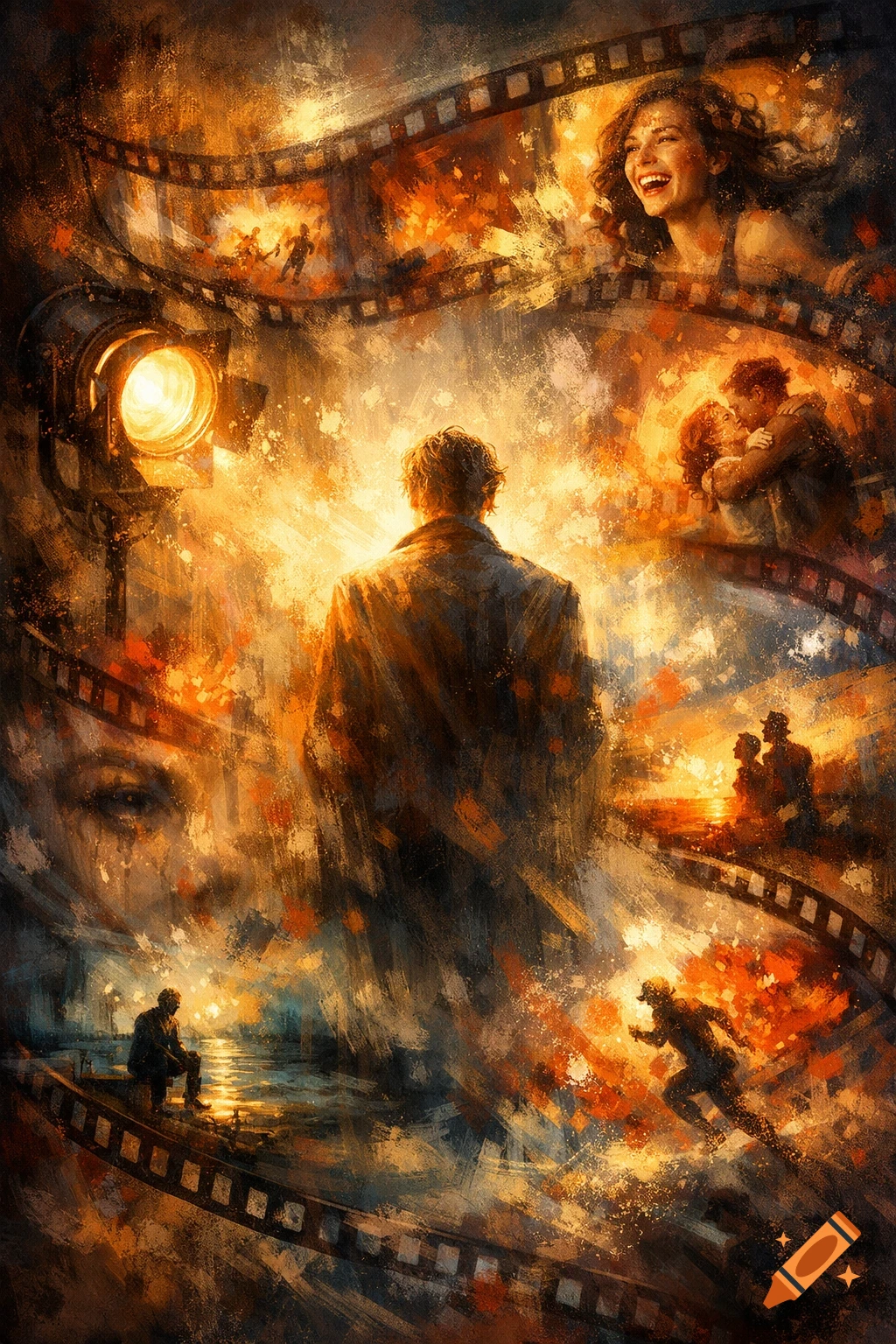Dramatic brushstroke painting of a man viewing life events on a film reel, lit by a spotlight.
