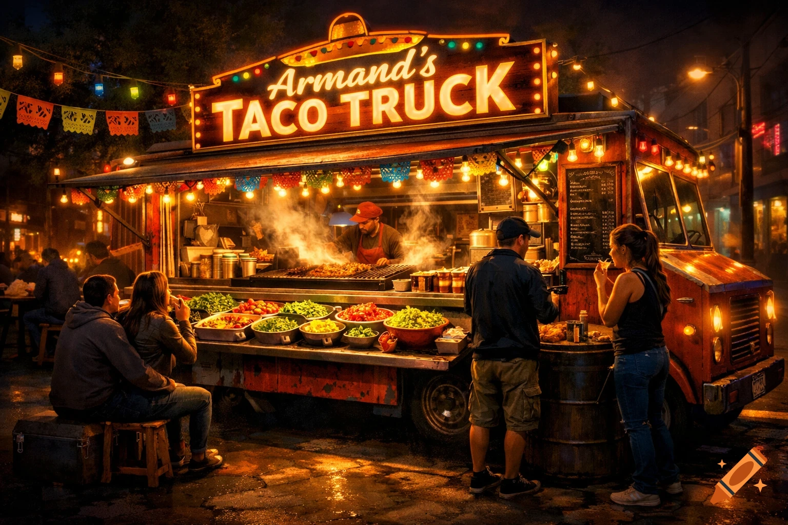 A vibrant Armand's Taco Truck at night, illuminated by colorful string lights, serves street tacos to customers while a chef cooks in the background.