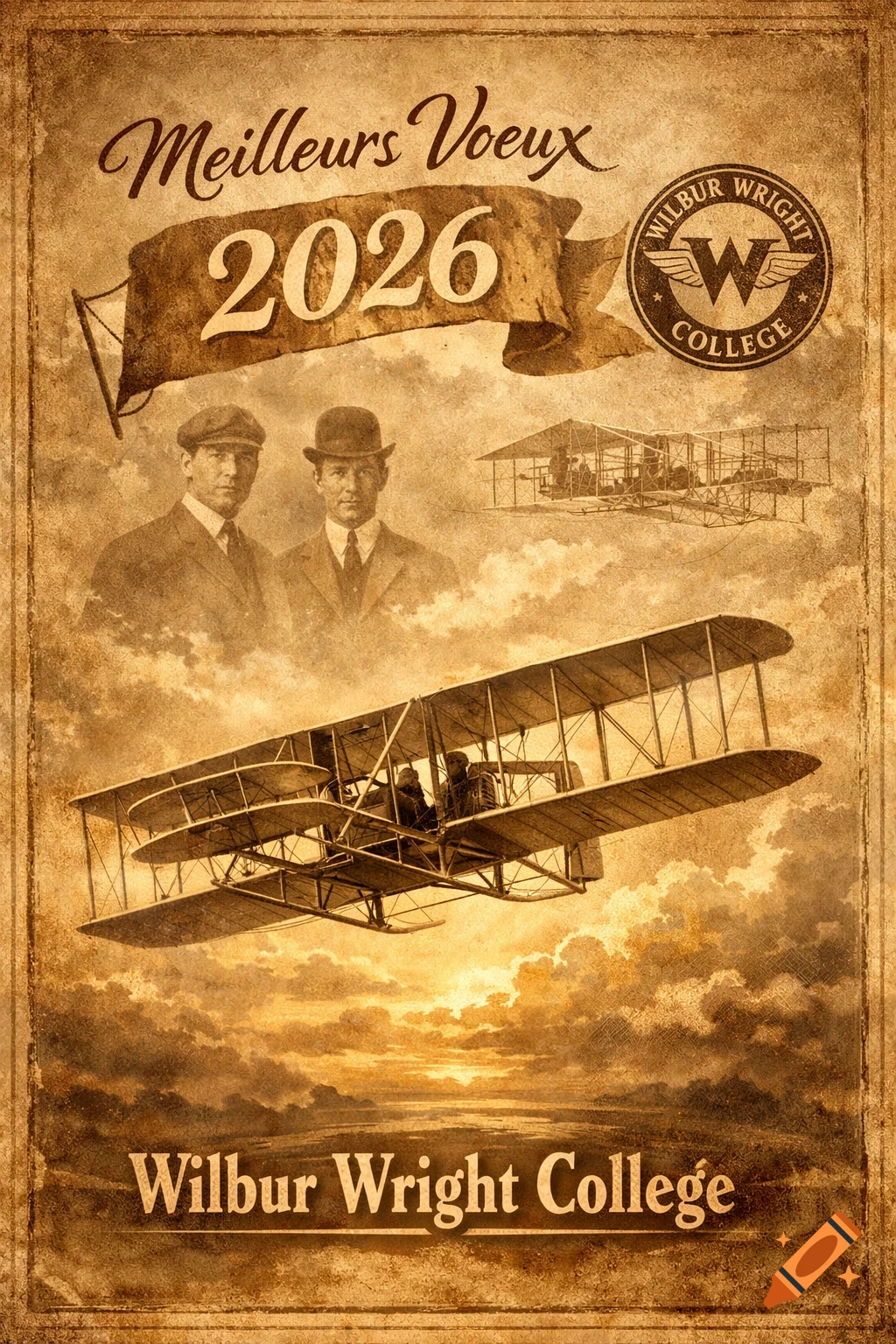 Vintage sepia poster with the Wright brothers, a biplane, and text 'Meilleurs Voeux 2026 Wilbur Wright College' over a cloudy sky.