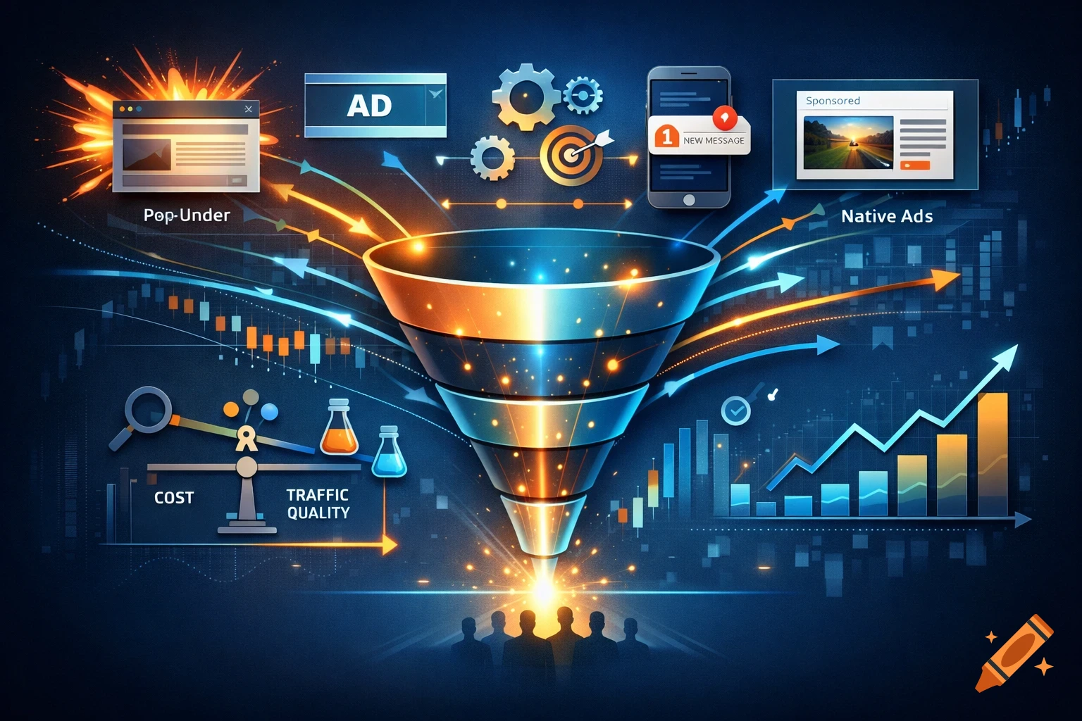 A glowing marketing funnel at the center, surrounded by digital advertising elements like pop-under ads, banner ads, mobile notifications, and native ads. Growth charts, gears, and a cost/traffic quality balance are also visible on a dark blue background with bright orange and blue light trails.