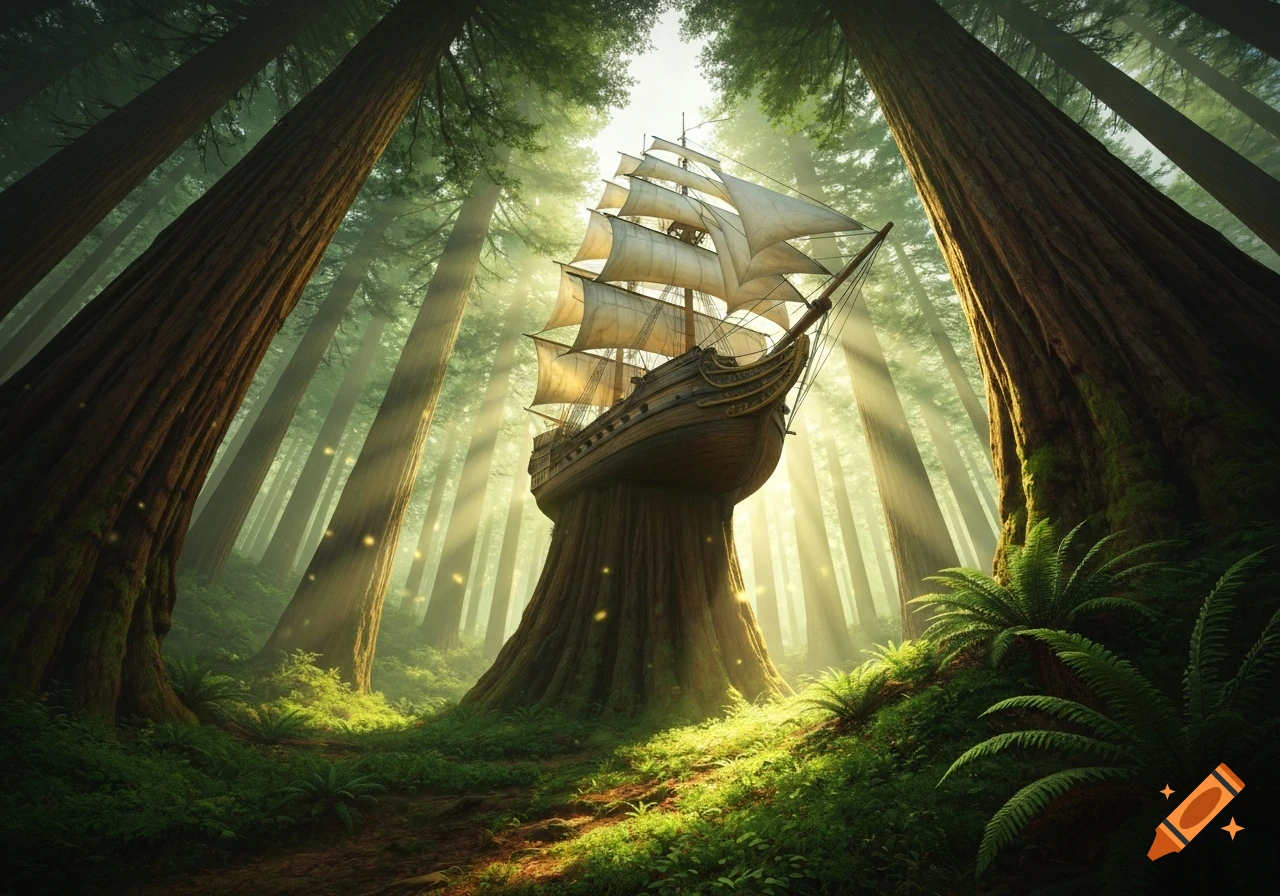 A majestic sailing ship rests on a giant tree stump in a sunlit, mystical forest with tall trees.