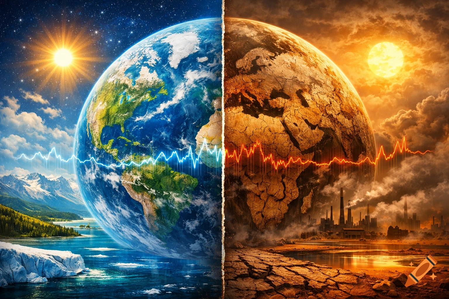 Earth split vertically: one side vibrant with blue oceans and green land, the other barren and cracked with orange skies and pollution, separated by a waveform.