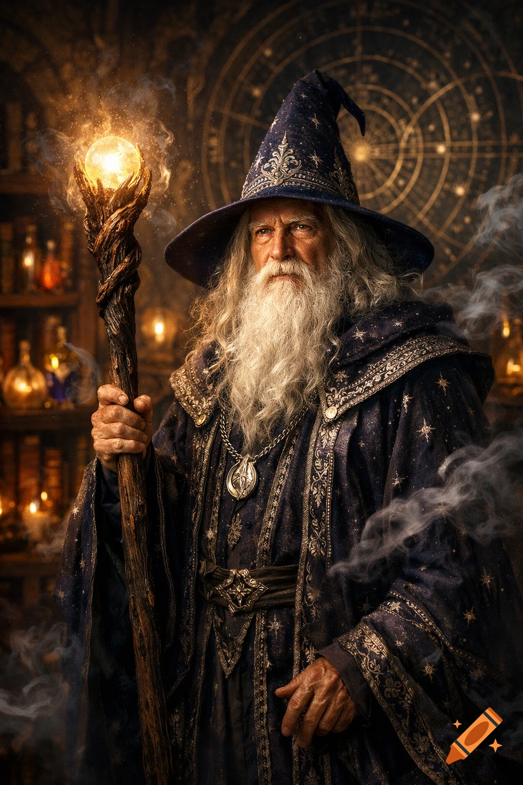 A photorealistic image of an old wizard with a white beard, wearing a dark robe and pointed hat, holding a glowing staff in a mystical study.