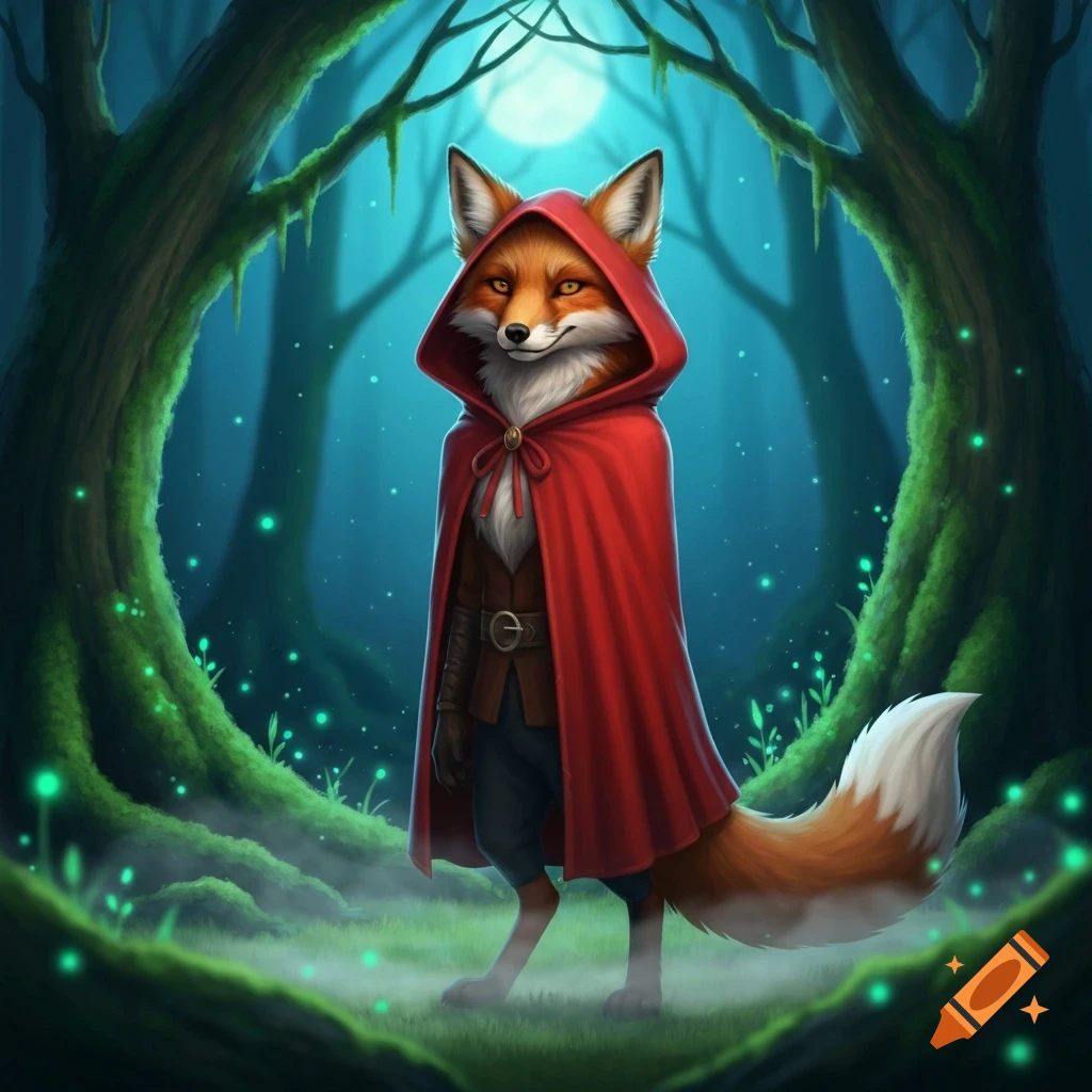 An anthropomorphic fox in a red hooded cloak stands in a magical, glowing forest at night.