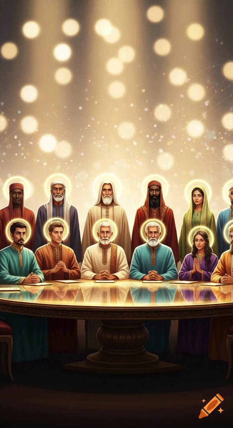 Digital art illustration of people in various religious garments with halos around their heads, seated at a round table, against a glowing, bokeh light background.