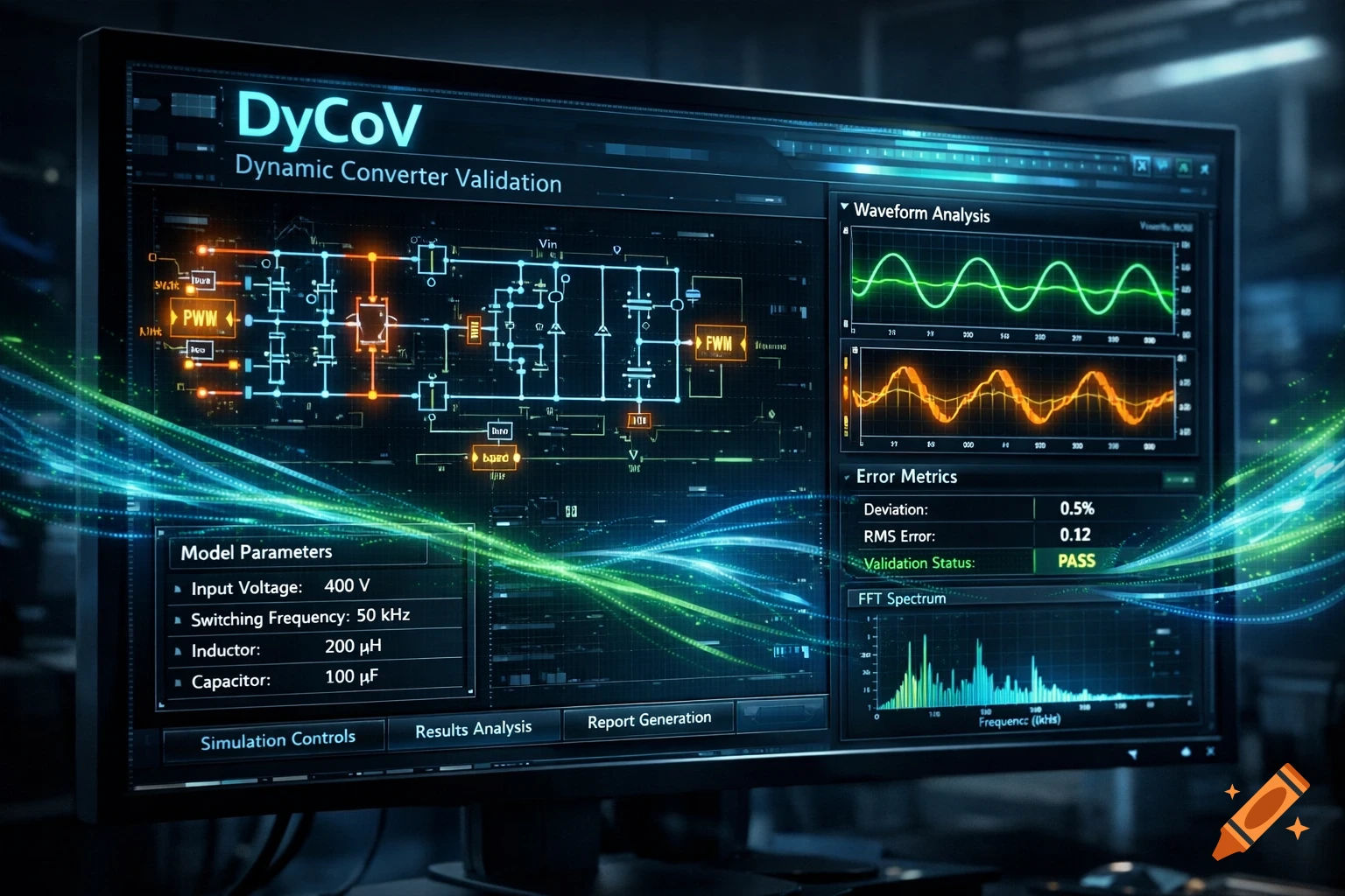 A computer monitor displays DyCoV Dynamic Converter Validation software with electrical schematics, waveform analysis, and data.