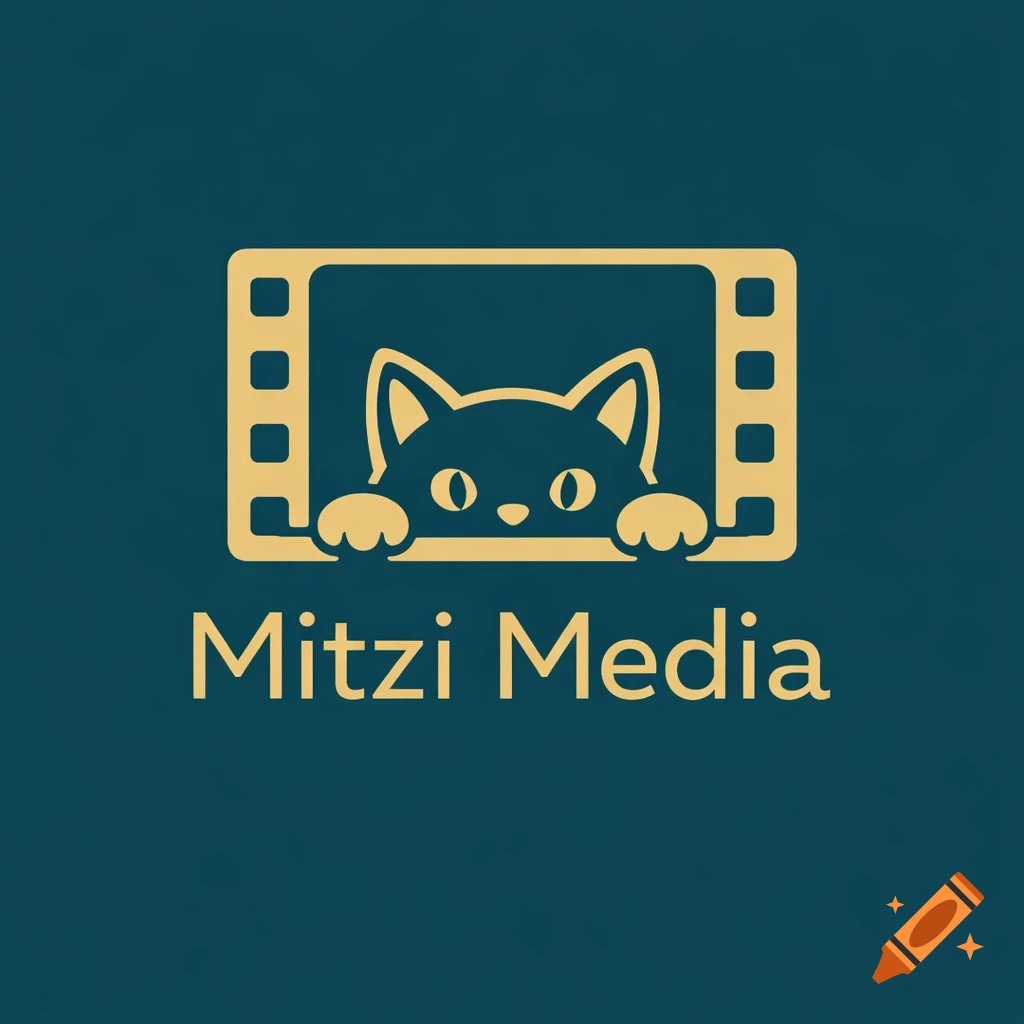A golden logo featuring a peeking cat face inside a film reel frame, with the text 'Mitzi Media' below, on a dark teal background.