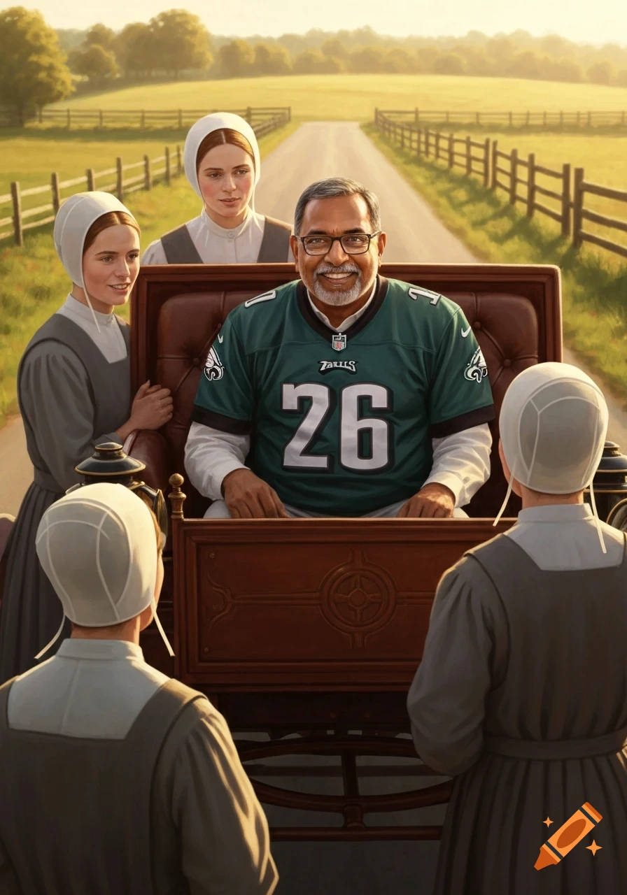 A smiling Indian man in an Eagles jersey sits in a horse-drawn carriage, surrounded by Amish women on a country road at sunset.