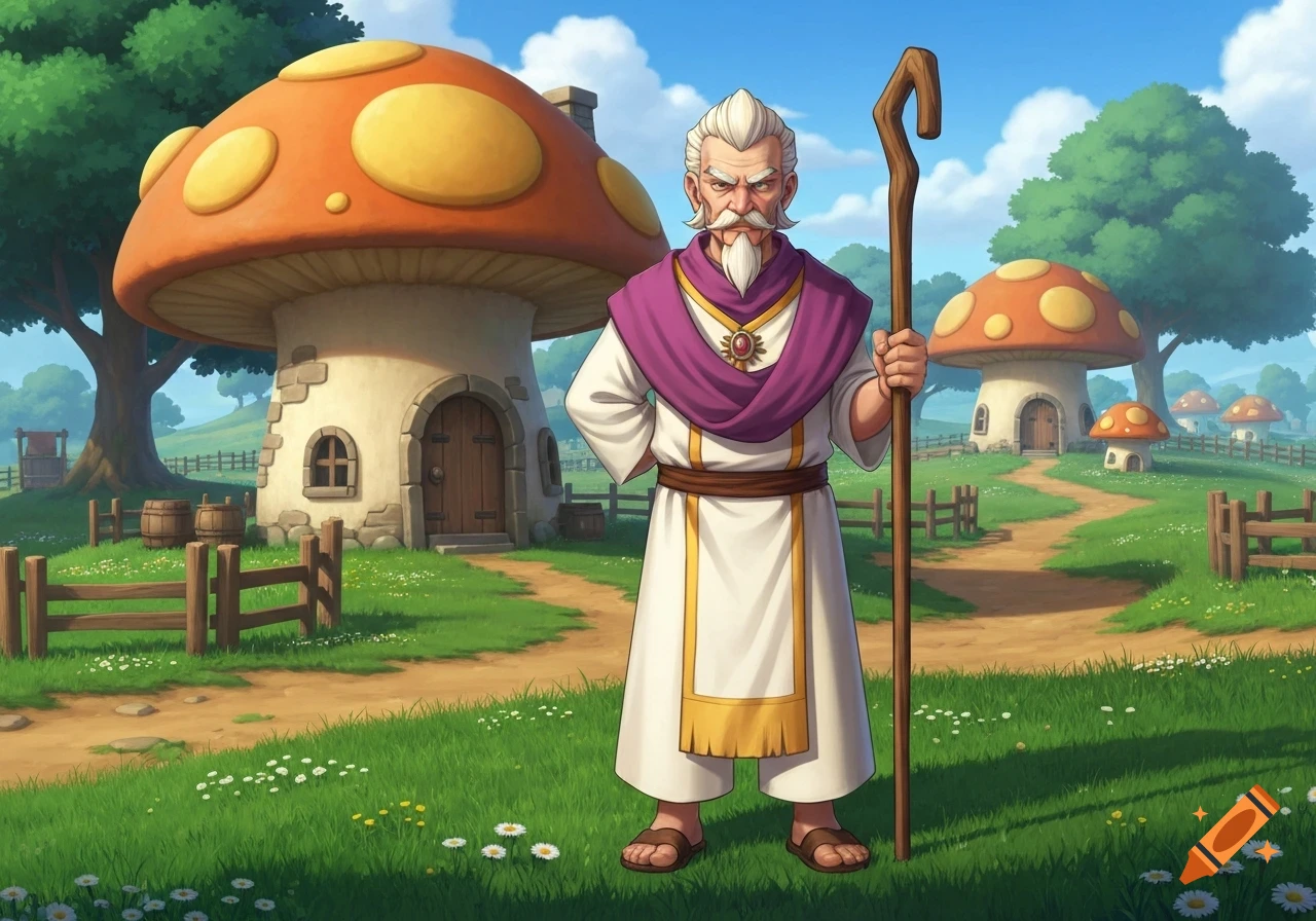An elderly man with a staff stands in a peaceful fantasy village featuring large mushroom houses, green grass, and dirt paths. Stylized illustration.