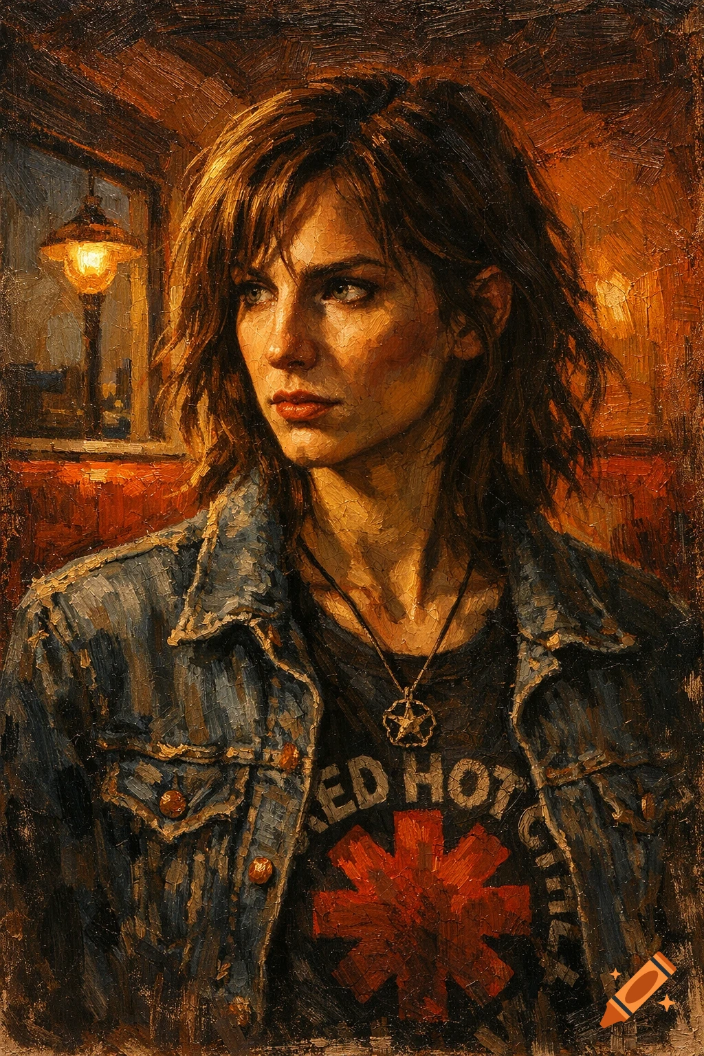 An oil painting portrait of a young woman with short brown hair, wearing a denim jacket and a Red Hot Chili Peppers t-shirt, illuminated by dramatic golden hour lighting in a warm-toned diner setting.