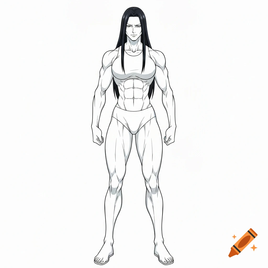 Anime woman, tall and muscular with long dark hair, wearing a white sports bra and briefs, standing in a confident pose in clean line art.