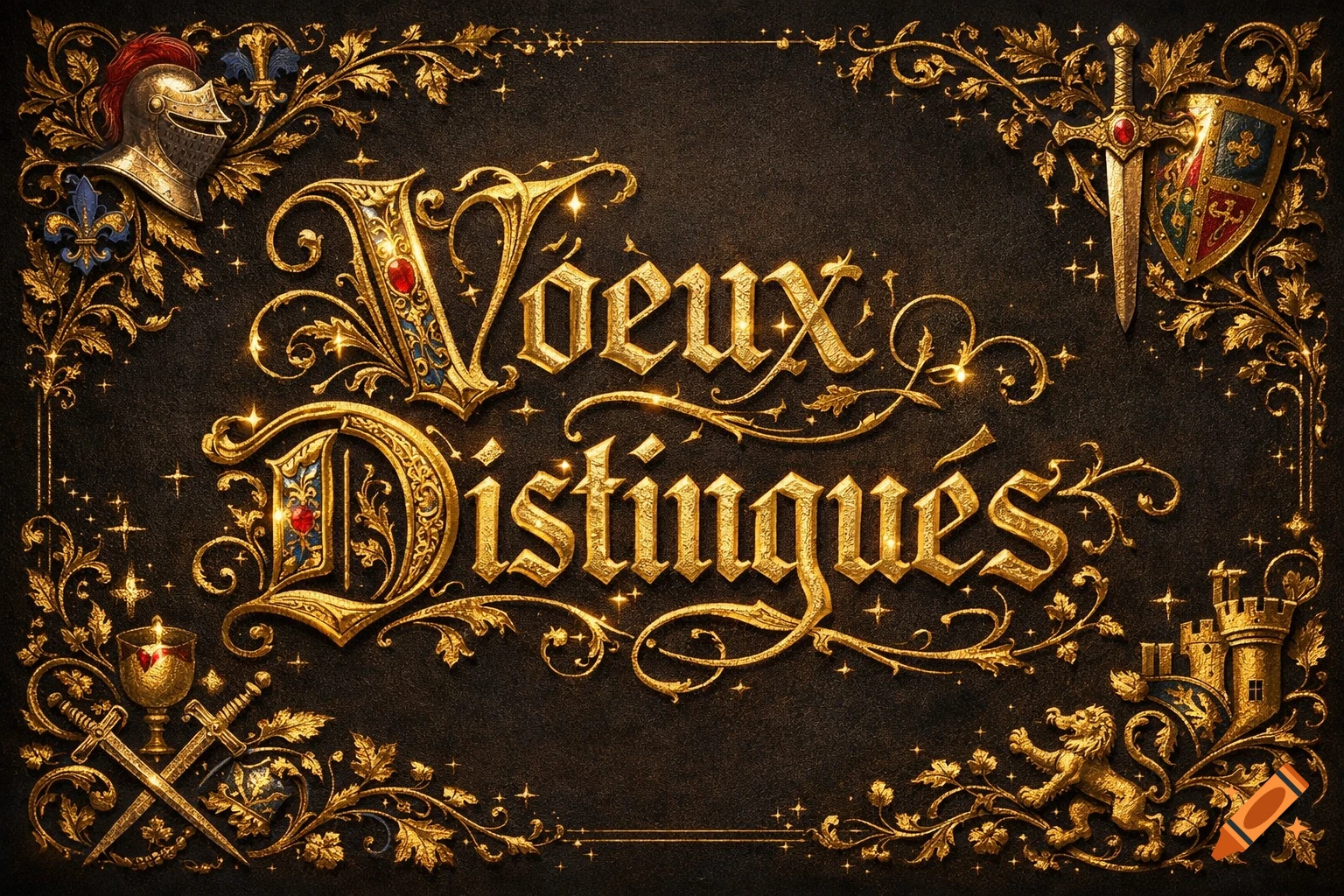 Ornate golden medieval calligraphy of 'Vœux Distingués' with knightly motifs on a dark background.
