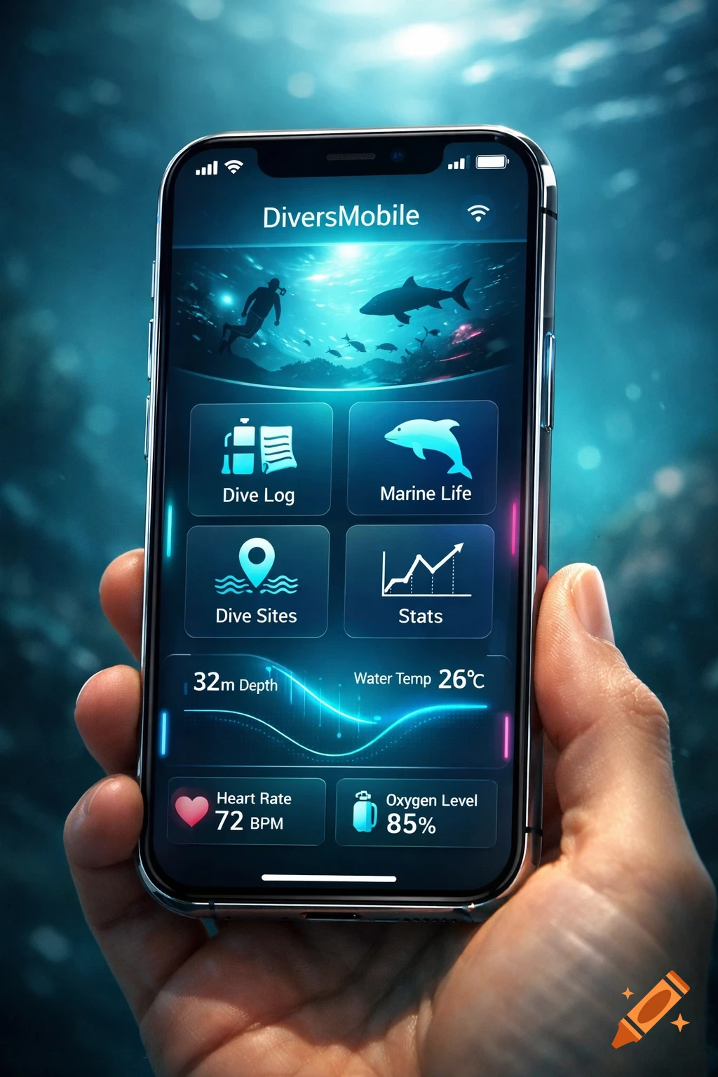 Hand holding a smartphone displaying a 'DiversMobile' app interface with diving stats and marine life icons, set against an underwater background.
