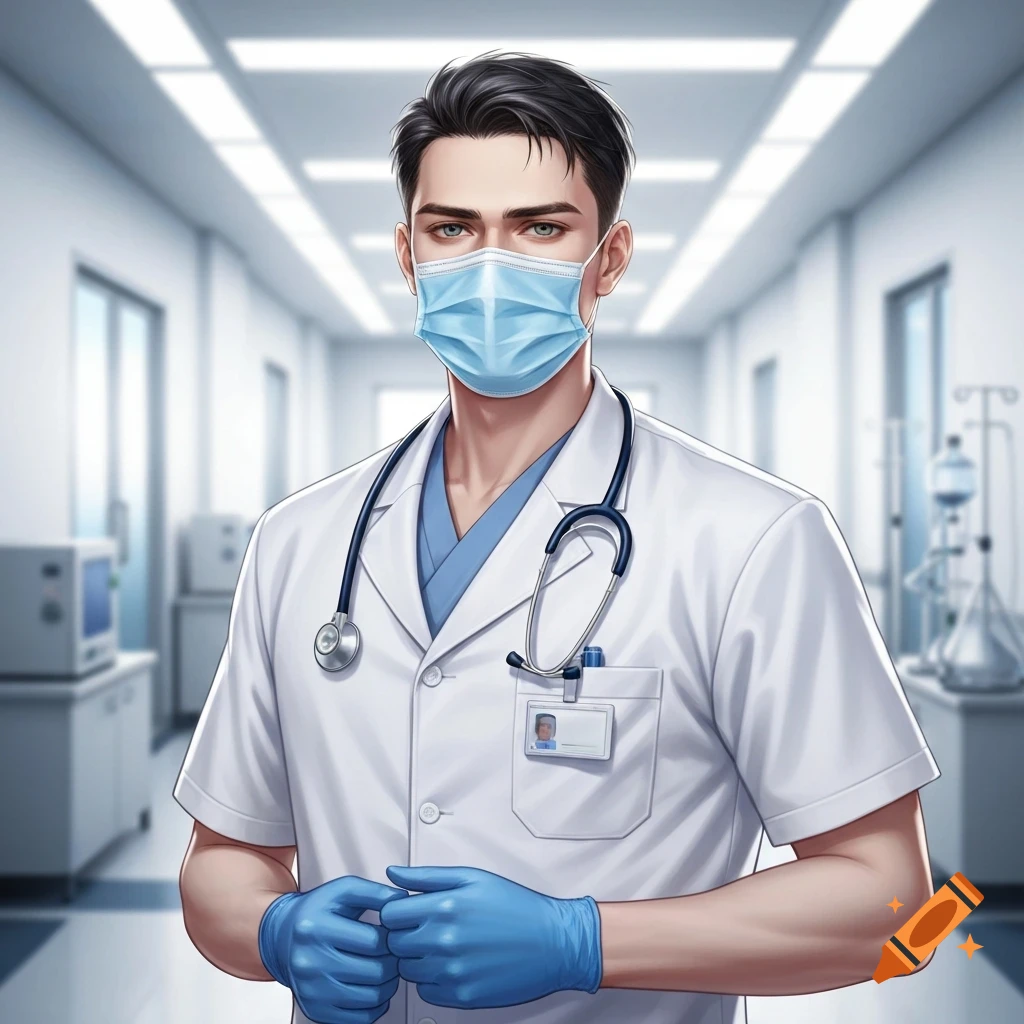 Anime style portrait of a handsome male doctor in a white coat, blue mask, and gloves in a hospital hallway.