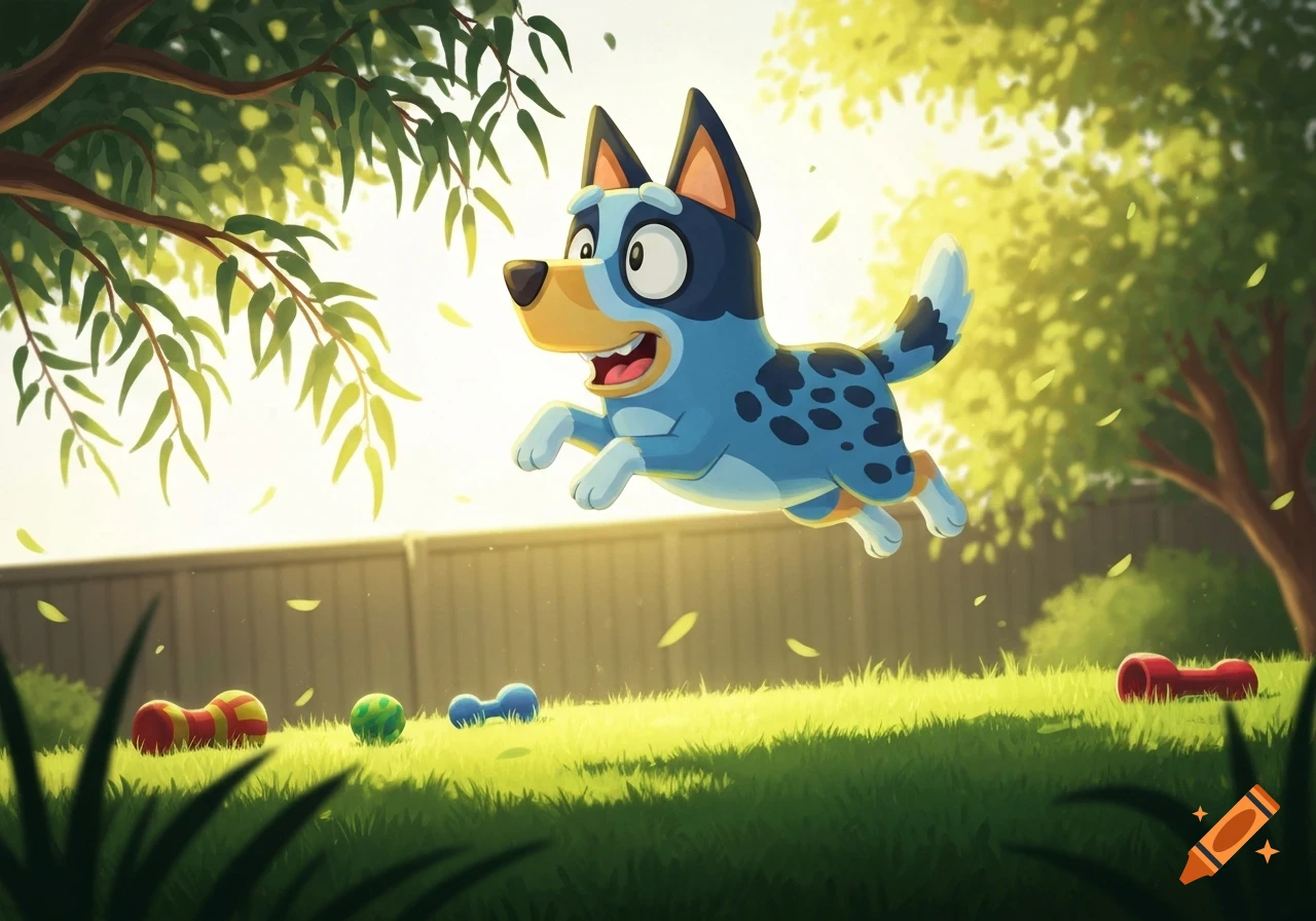 An animated blue Heeler dog, Bluey, jumps joyfully in a sunny green backyard with scattered toys and trees.