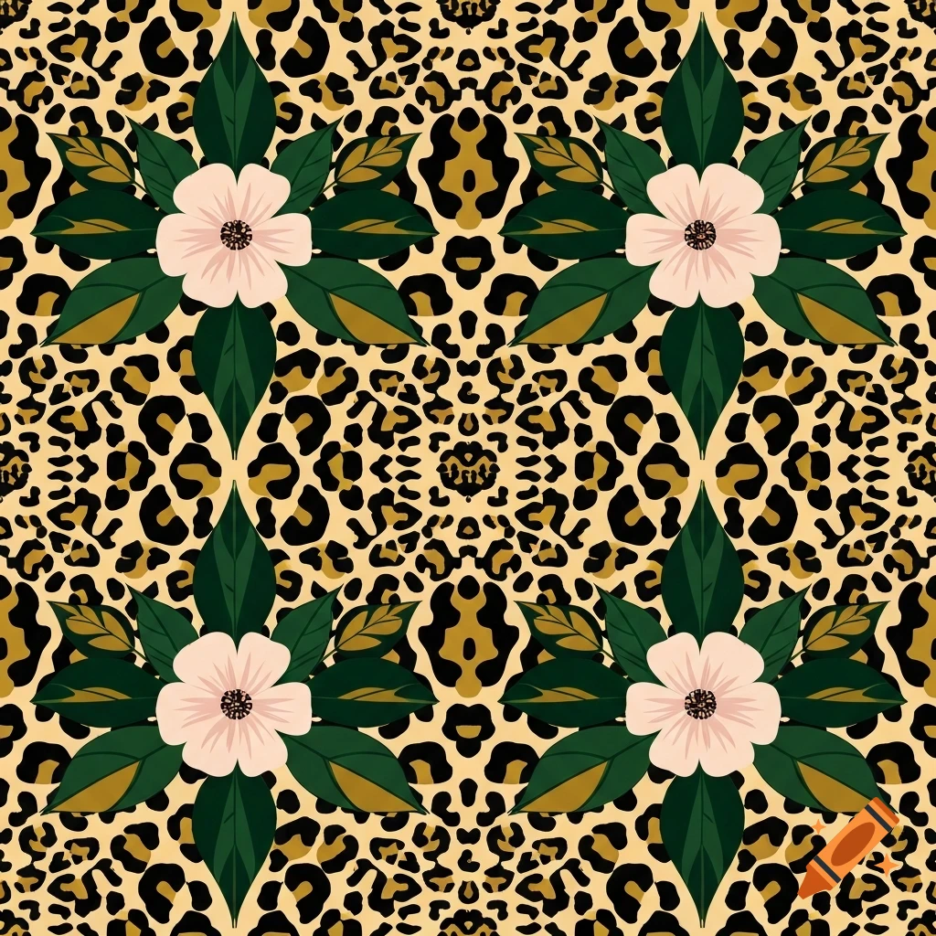 Seamless pattern with light pink flowers and dark green leaves on a beige background with black and gold leopard print.
