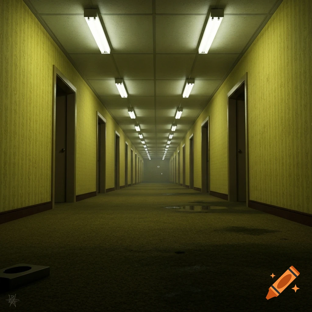 A long, yellow-walled hallway with many doors, green carpet, fluorescent lights, and wet spots, fading into a foggy distance.