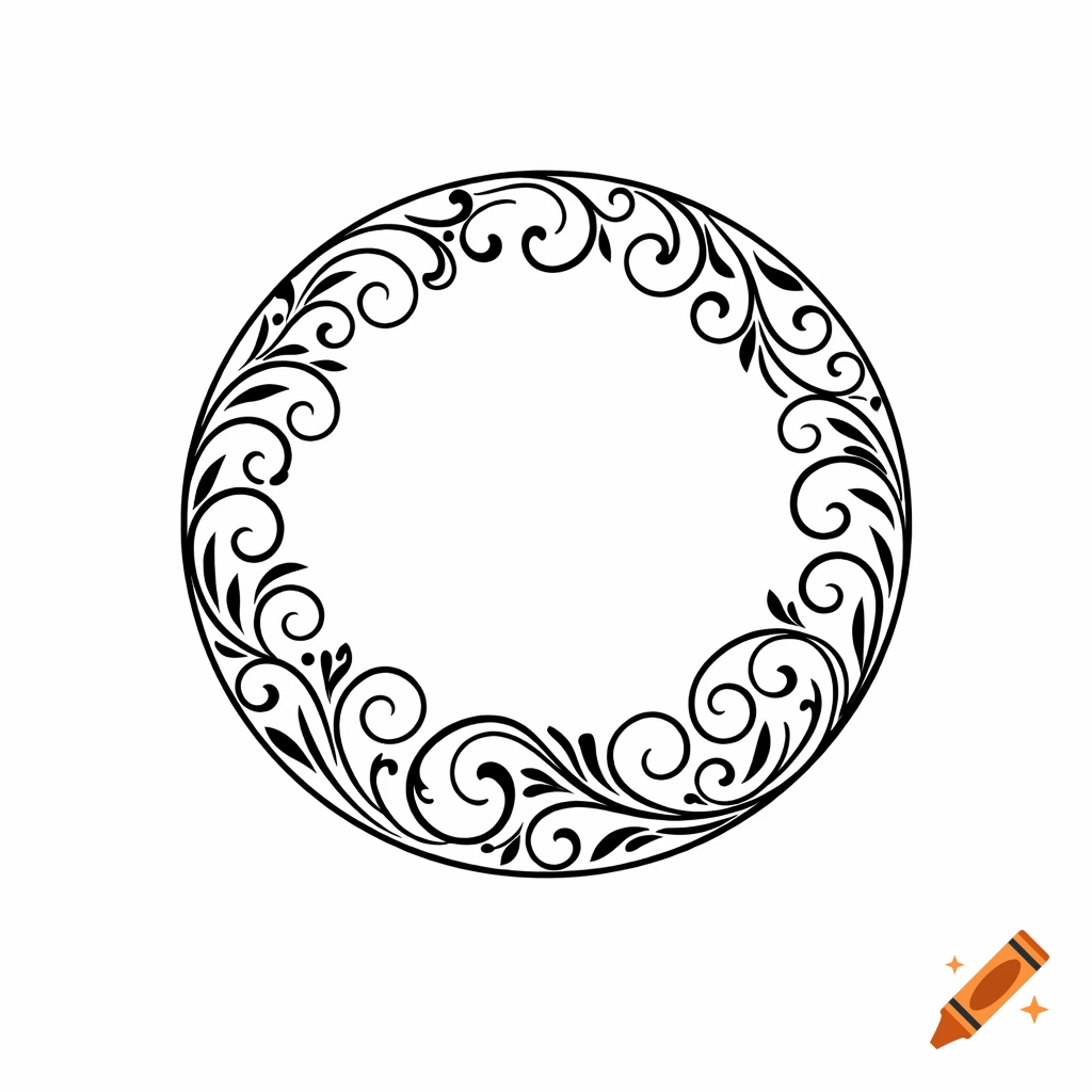 A black and white circular design composed of intricate scrollwork and flourishes, on a white background.