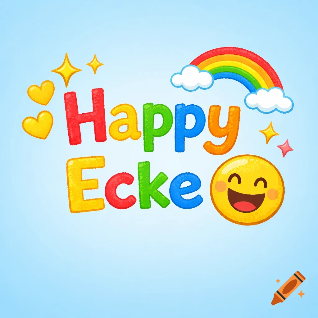 Colorful 'Happy Ecke' text with hearts, stars, a rainbow, and a smiling emoji on a light blue background, in a cheerful cartoon style.