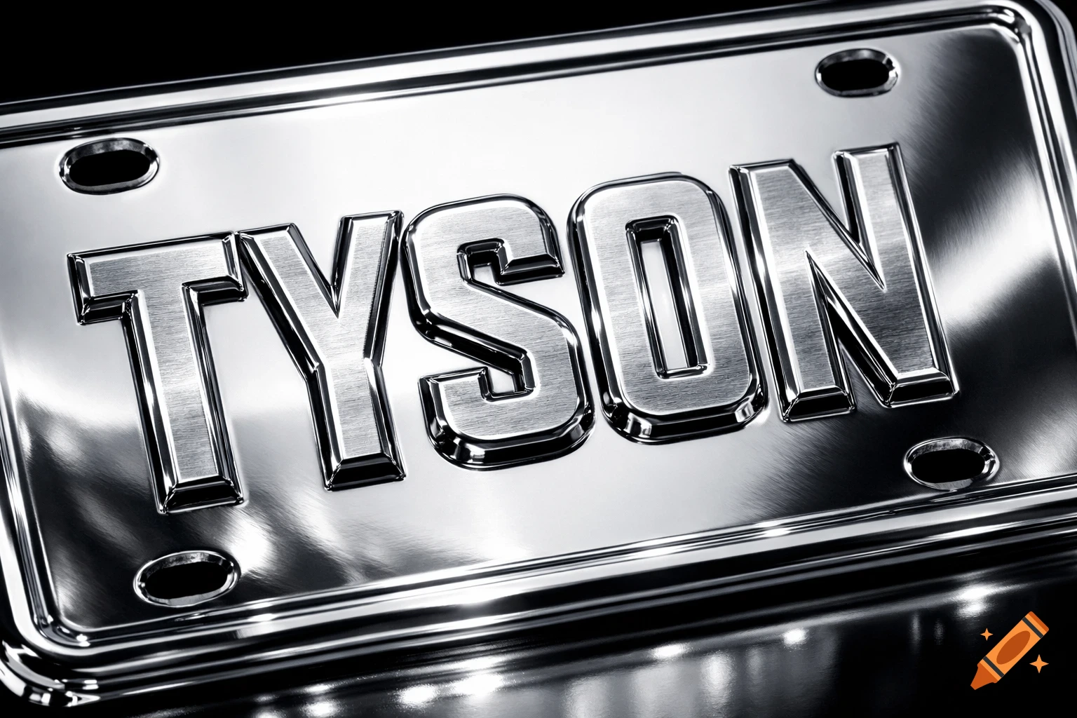 A shiny silver metallic license plate with the name 'TYSON' embossed on it.