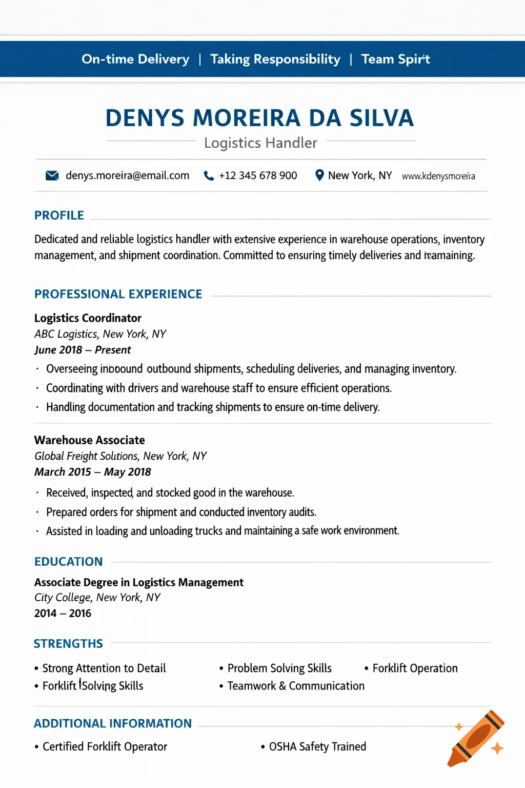 A professional resume for Denys Moreira Da Silva, a Logistics Handler, featuring sections for profile, experience, education, strengths, and additional information on a white background.