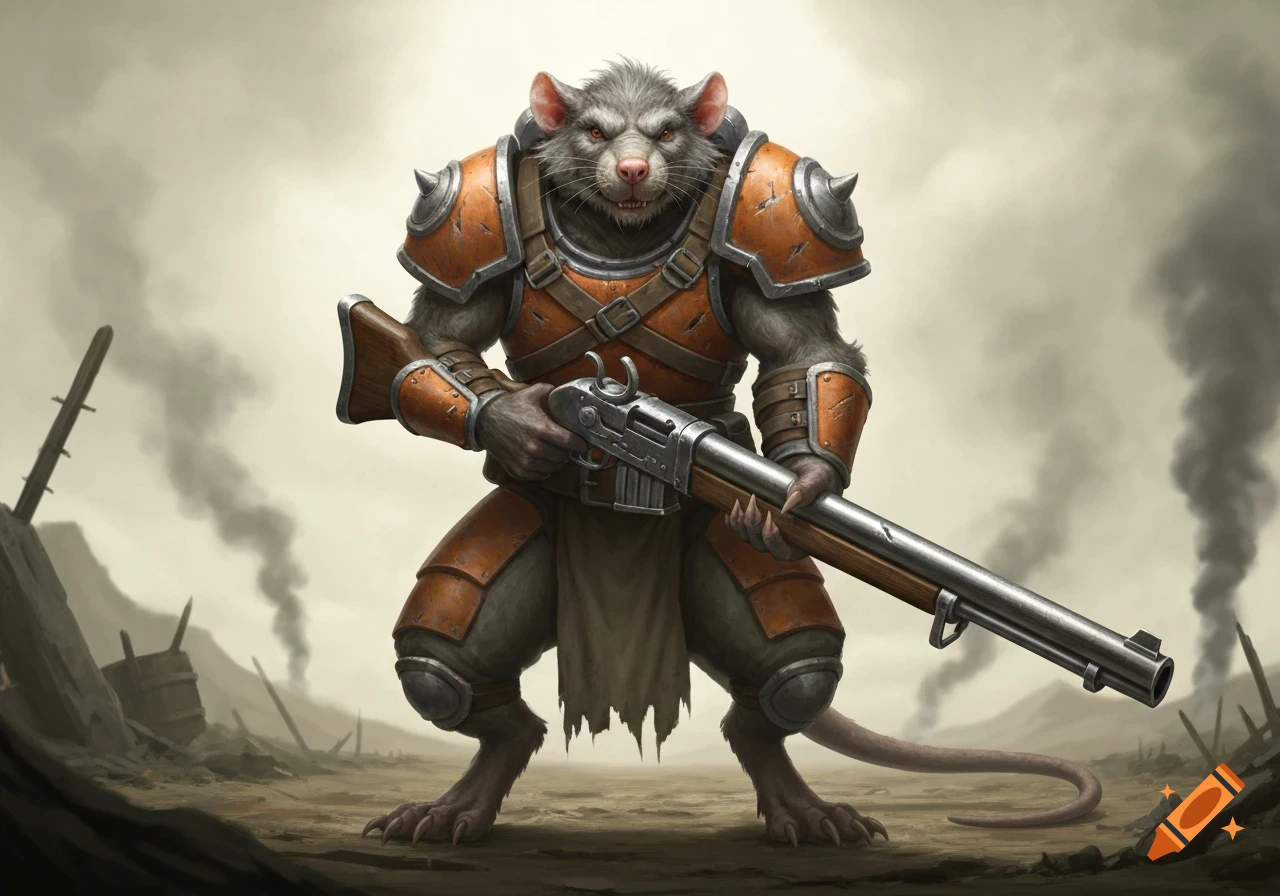 A realistic gray rat-like warrior in orange armor holds an old rifle in a desolate, smoky wasteland.