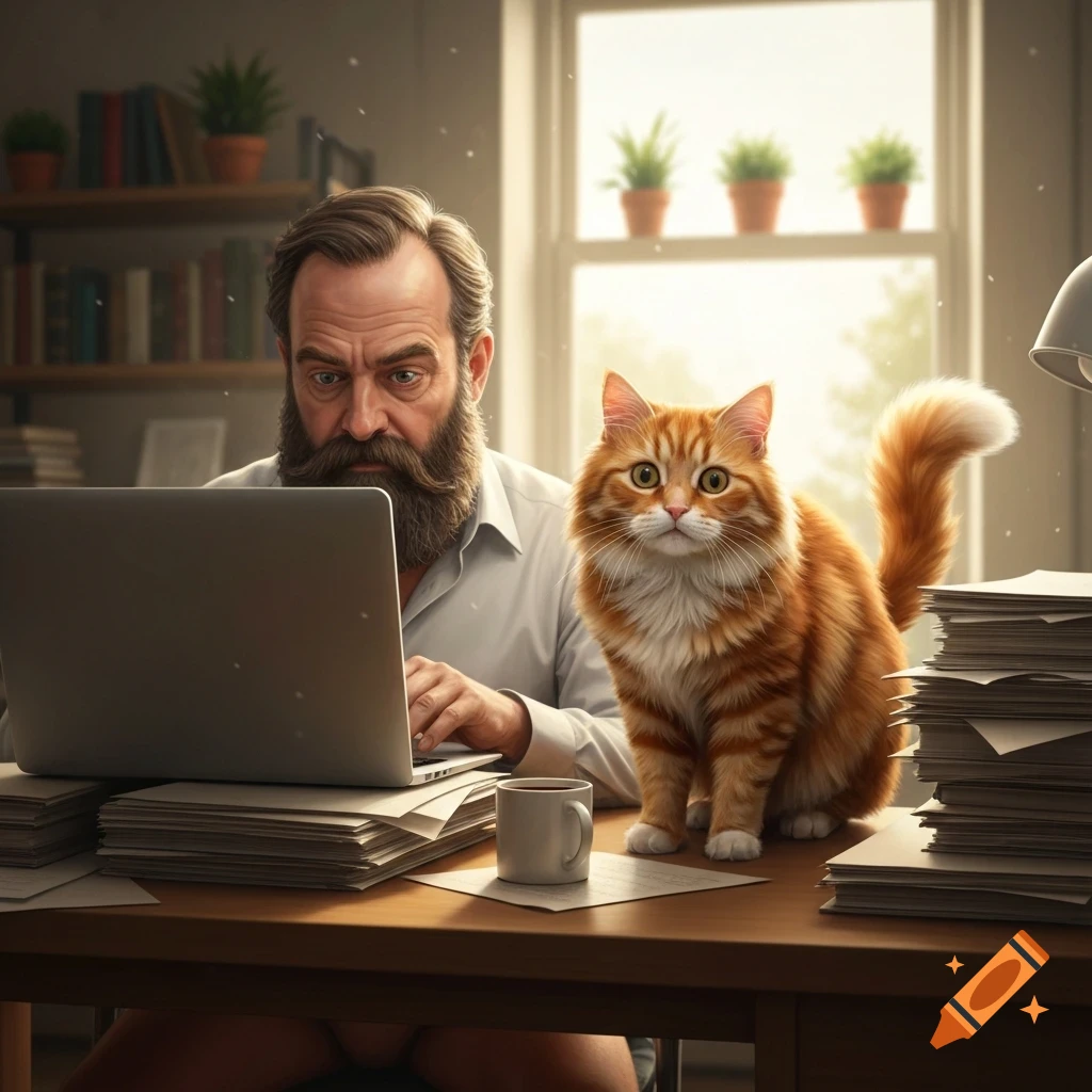 A bearded man works on a laptop at a desk with an orange cat, stacks of papers, and a coffee mug.