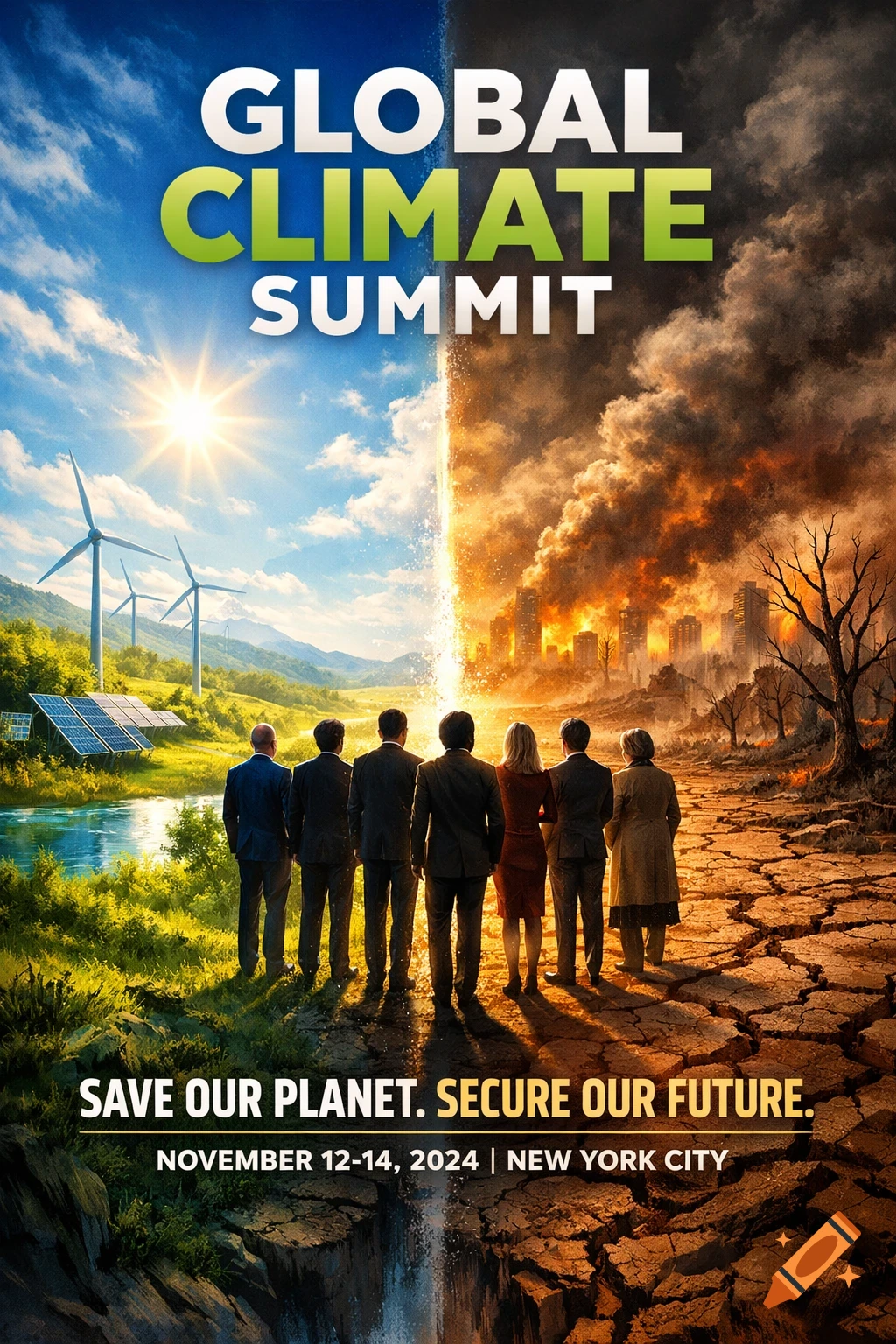 A poster depicting a world split down the middle: one side is a green landscape with solar panels and wind turbines, the other is a burning city with cracked earth. People in suits stand in the foreground. Text: Global Climate Summit.