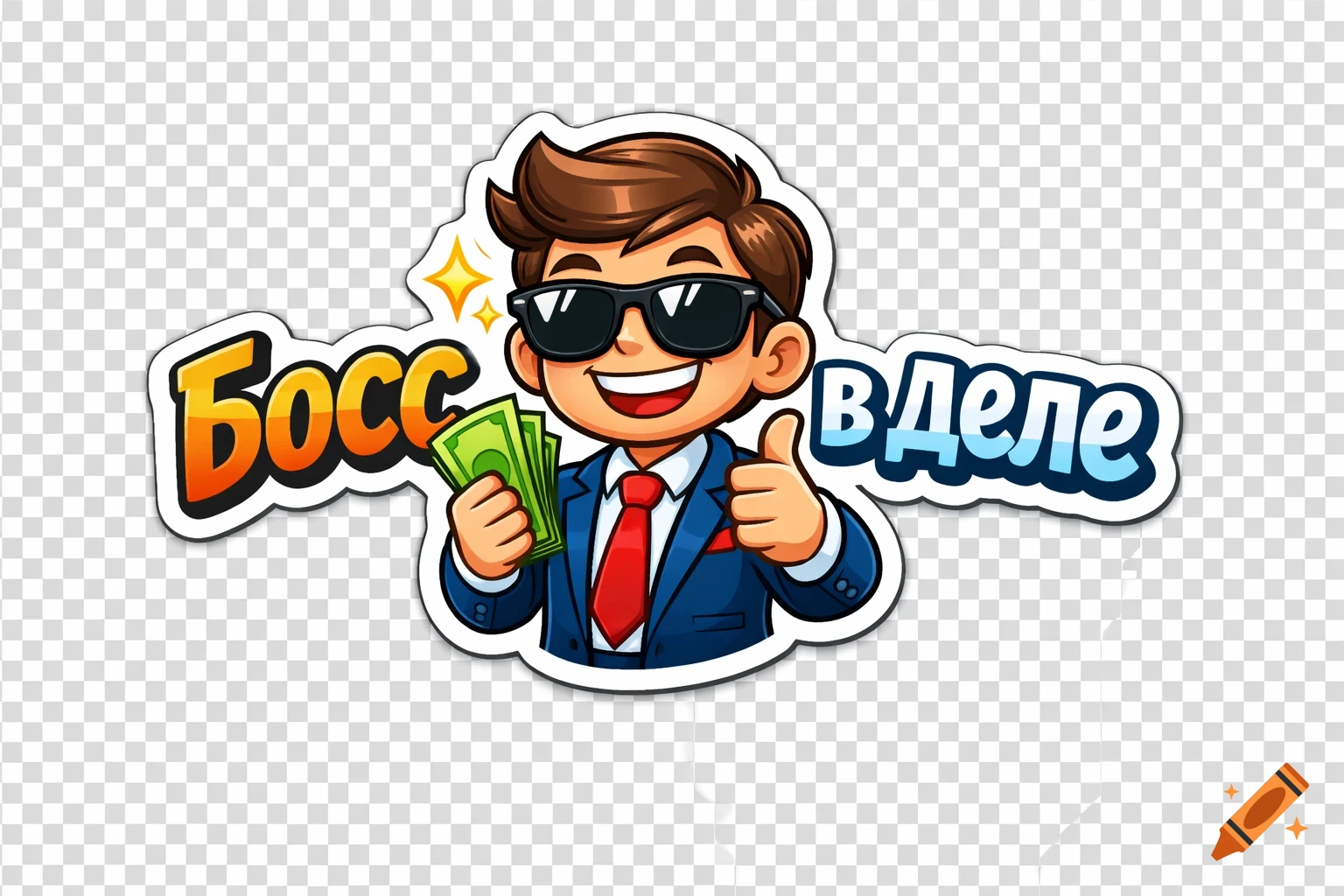 Cartoon sticker of a smiling man in a suit and sunglasses, holding money and giving a thumbs up, with Russian text 'Boss in business'.