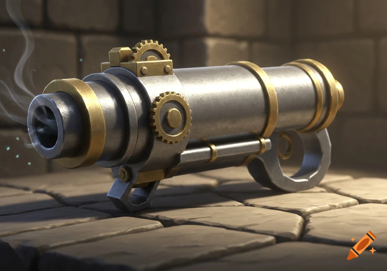 A stylized silver and gold hand cannon with gears and smoke, resting on stone tiles.