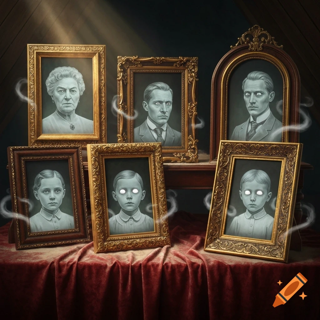 Multiple ornate Victorian picture frames on a red table, containing ghost portraits of a family with glowing white eyes and smoke.