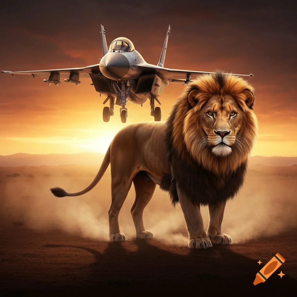 A majestic lion stands in a dusty landscape with a fighter jet hovering above during sunset.