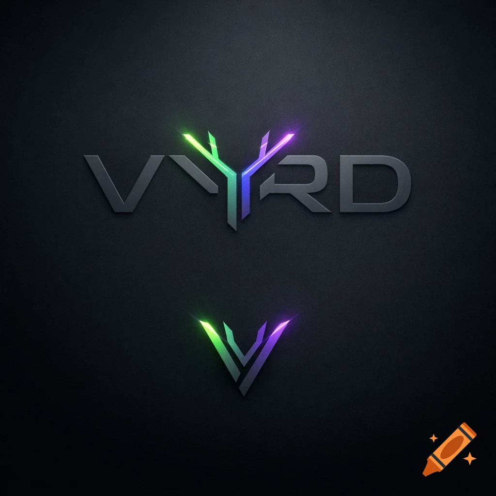 Sleek, dark grey logo for VYRD with geometric letters and a branching 'Y' glowing neon green and purple. A stylized 'V' logo sits below it with similar glowing accents.