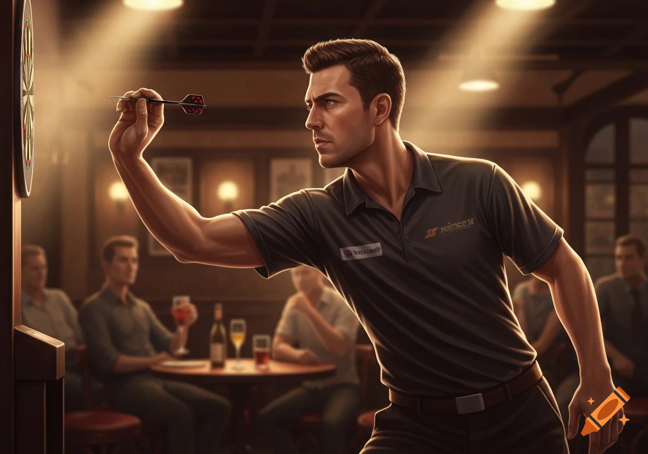 A man in a dark polo shirt aims a dart at a dartboard in a warmly lit bar with blurred figures in the background.