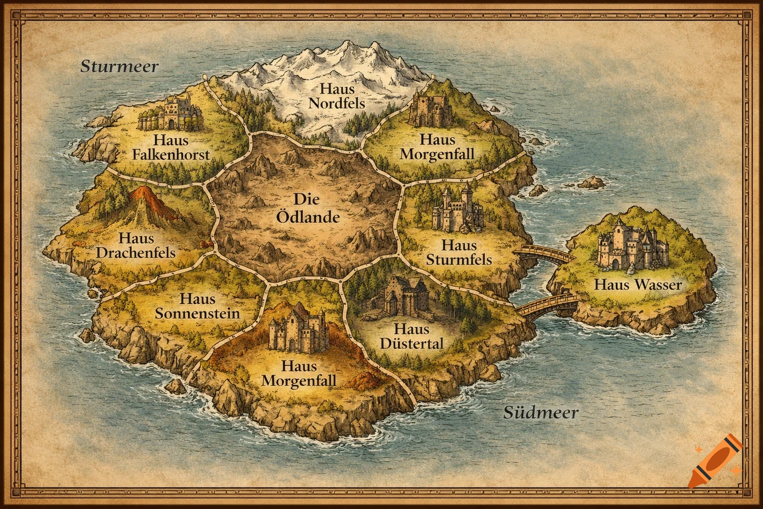 A detailed, vintage-style fantasy board game map of an island divided into regions with castles, connected by bridges to a smaller island. Text labels are in German.