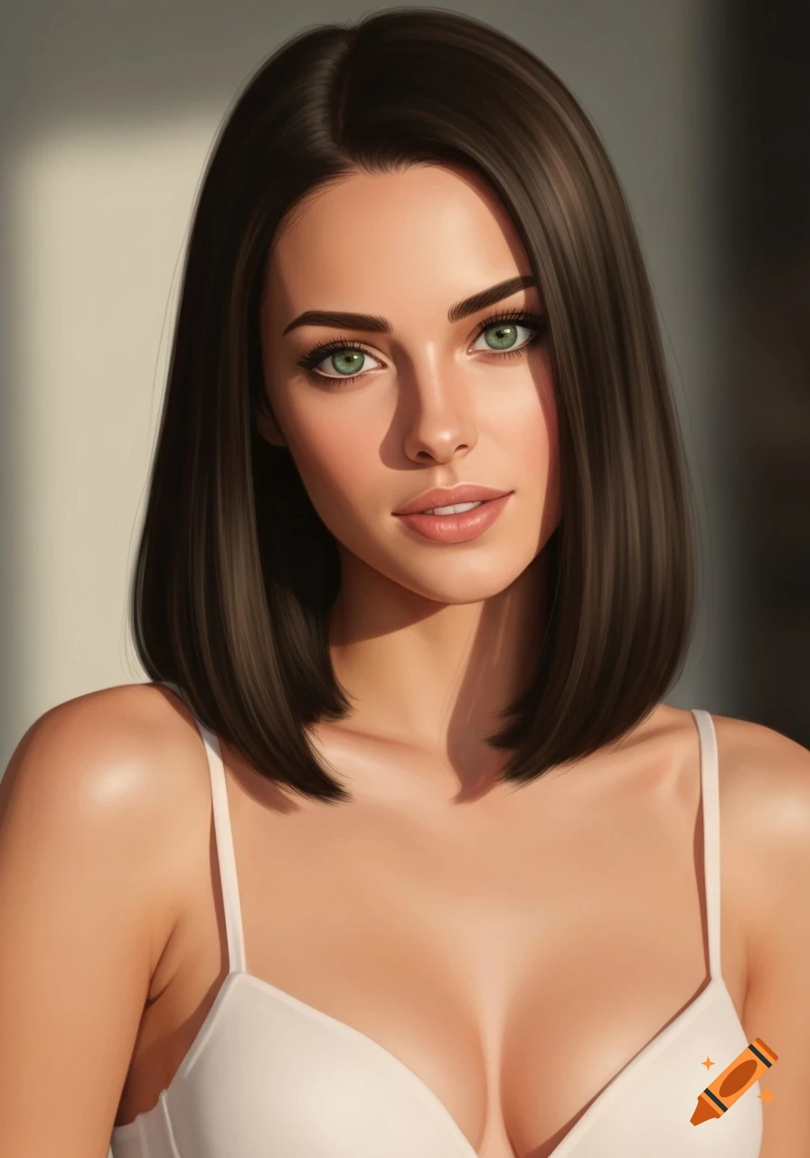 Photorealistic digital painting of a woman with dark brown hair and green eyes, wearing a white bra.