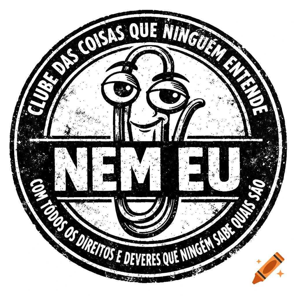 A monochrome stamp-style logo featuring a cartoon paperclip with big eyes and the text 'NEM EU' in the center, encircled by Portuguese text.