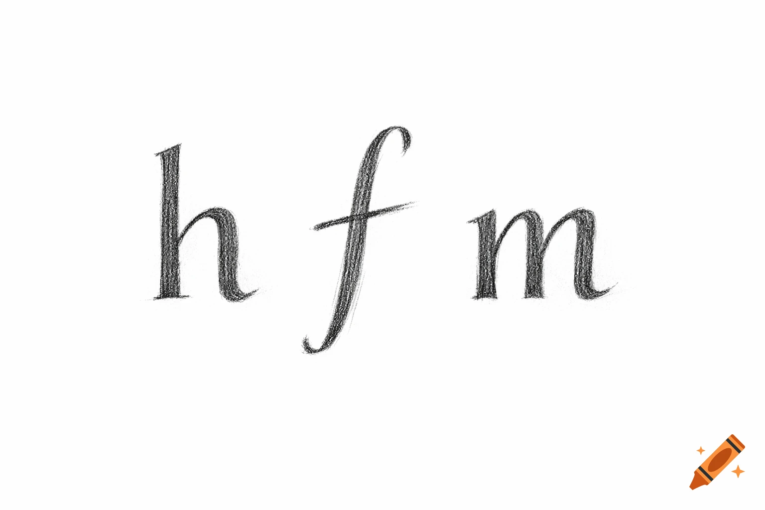 Pencil drawing of the lowercase letters h, f, and m on a white background.