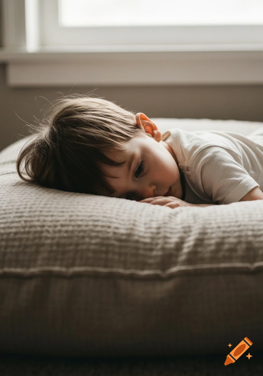 A young child with brown hair lies on a light-colored textured cushion, looking down and to the side. A window is in the blurred background.