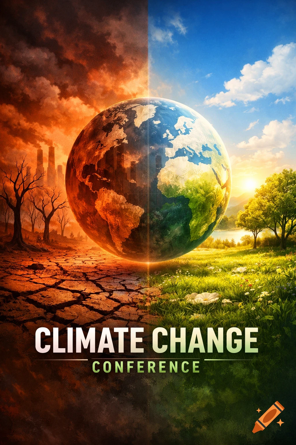 A poster depicting Earth split in half: one side showing a barren, polluted landscape and the other a lush, green environment. Text: CLIMATE CHANGE CONFERENCE.