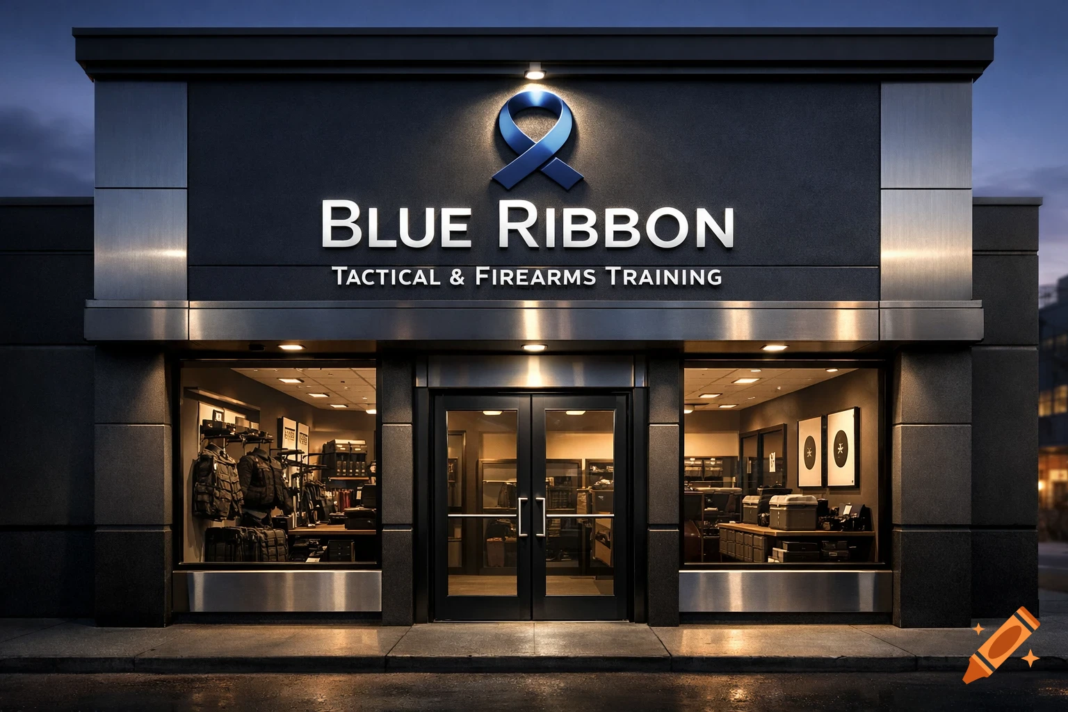 Photorealistic exterior of a modern Blue Ribbon Tactical & Firearms Training storefront at dusk, with a blue ribbon logo.