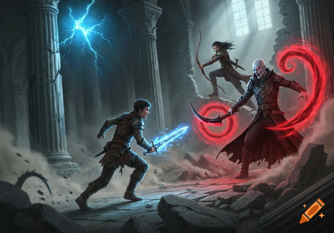 A fantasy battle in a ruined hall. A swordsman with a glowing blue sword charges a pale sorcerer wielding red magic. An archer aims from behind.