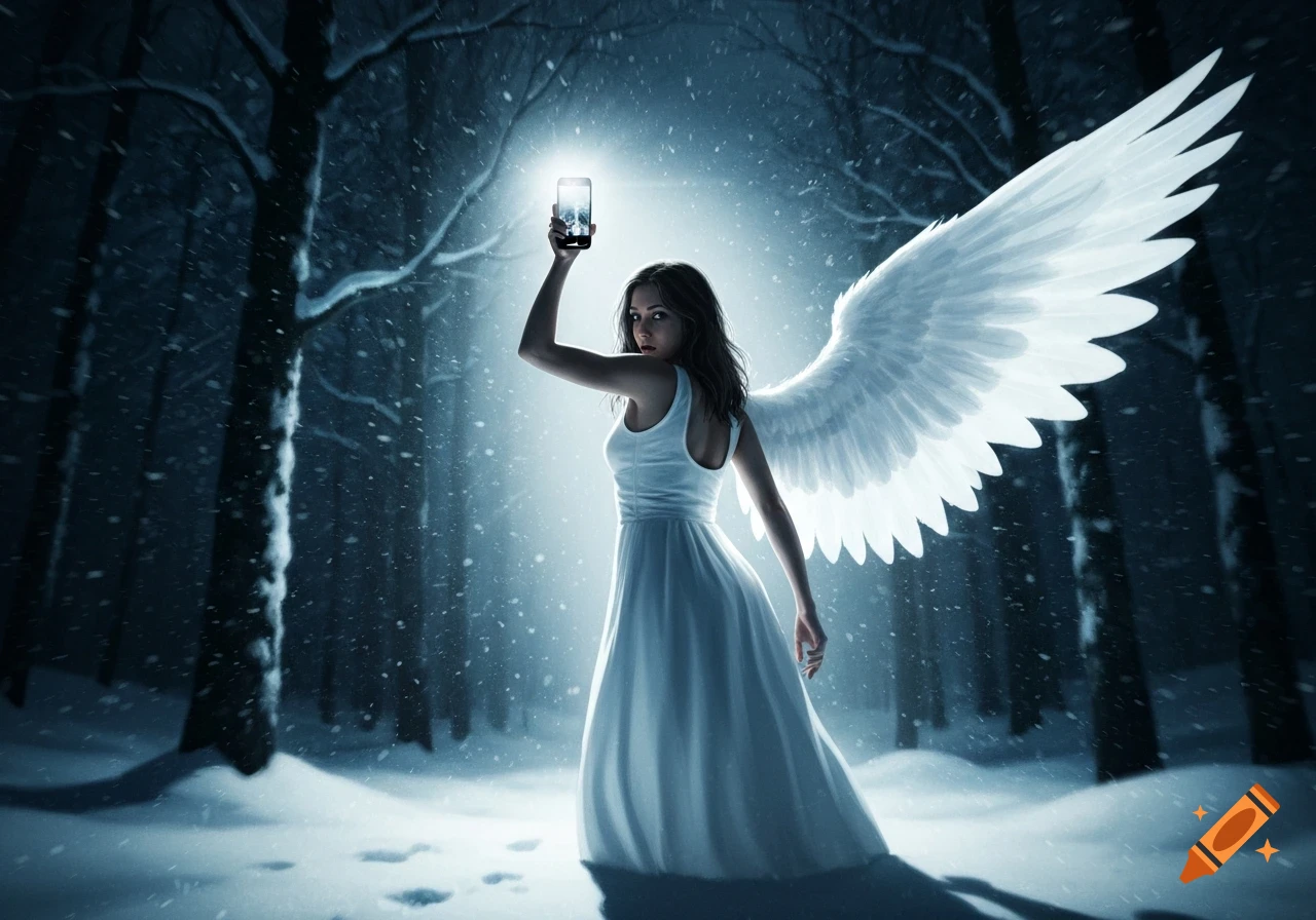 A woman with large white angel wings holds a glowing smartphone above her head in a dark, snowy winter forest.