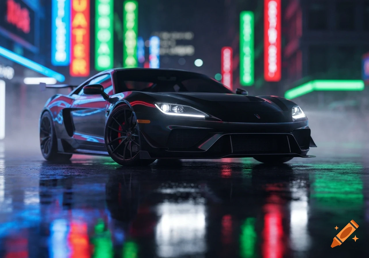 A dark, sleek sports car with illuminated headlights sits on a wet street at night, reflecting colorful neon city lights.