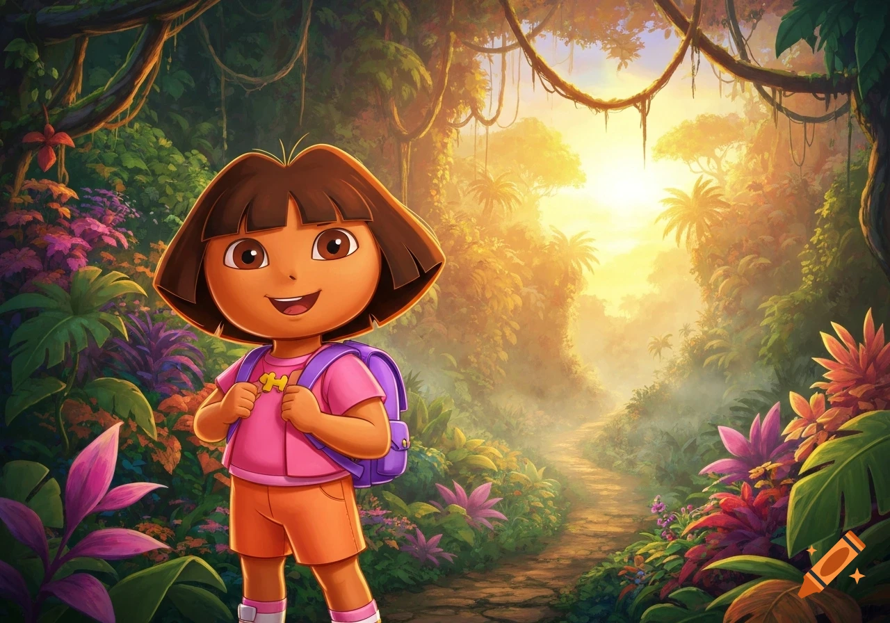 Dora the Explorer smiles in a vibrant, lush jungle with a sunlit path winding into the distance, in a cartoon style.